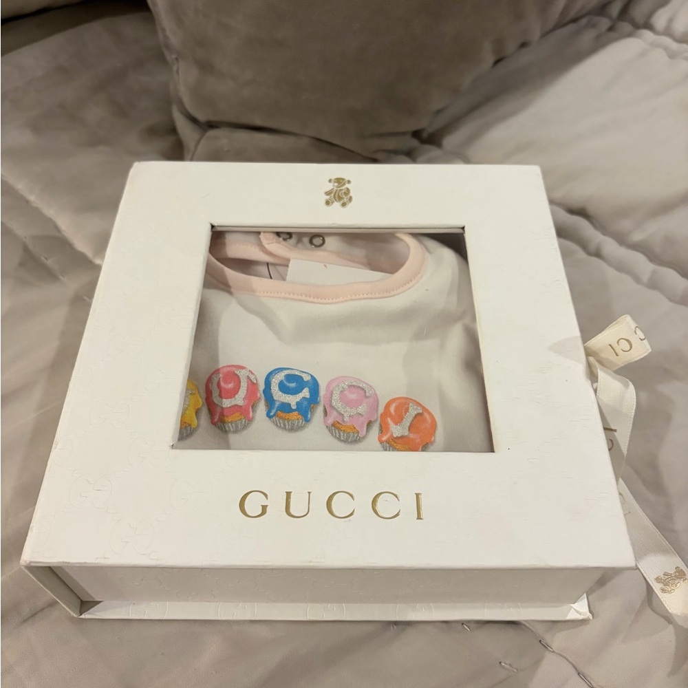 Gucci Baby Onesie with Multicolor Cupcake Print